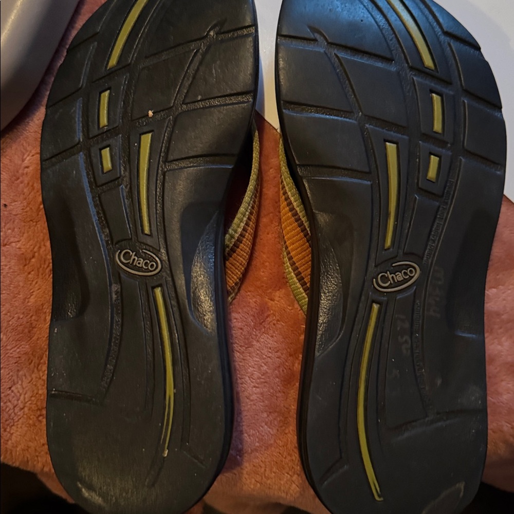 Chaco Black and Brown Flip-Flop Sandals with Striped Straps - Picture 2 of 4